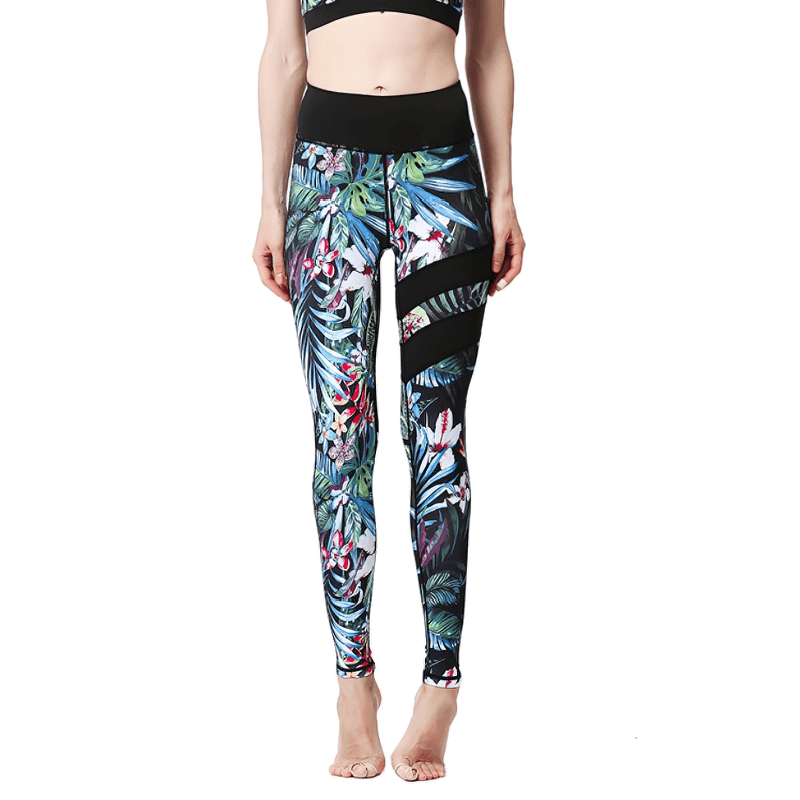 Women's high-waist sports leggings with vibrant flower prints, elastic waistband, perfect for yoga or fitness. Stylish and comfortable fit.